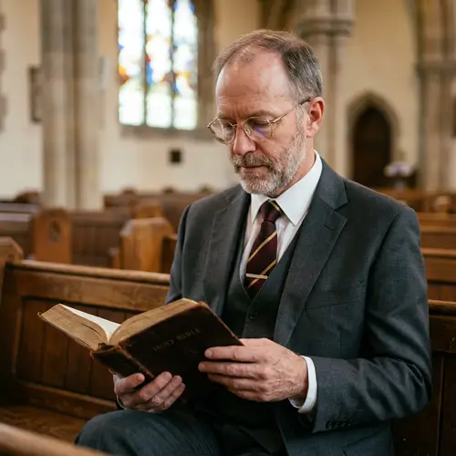 Caucasian Man in Formal Attire Reading the Bible
