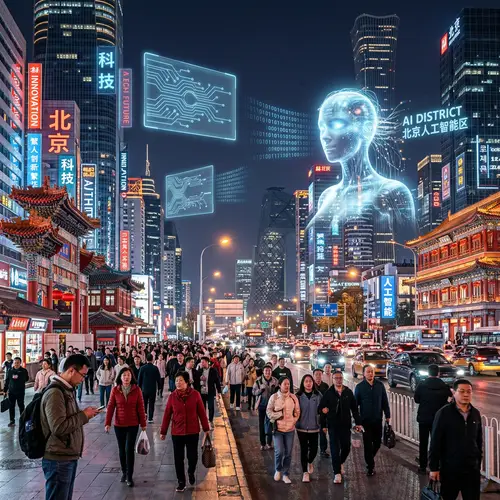 Futuristic Beijing Cityscape: Skyscrapers, AI Holograms