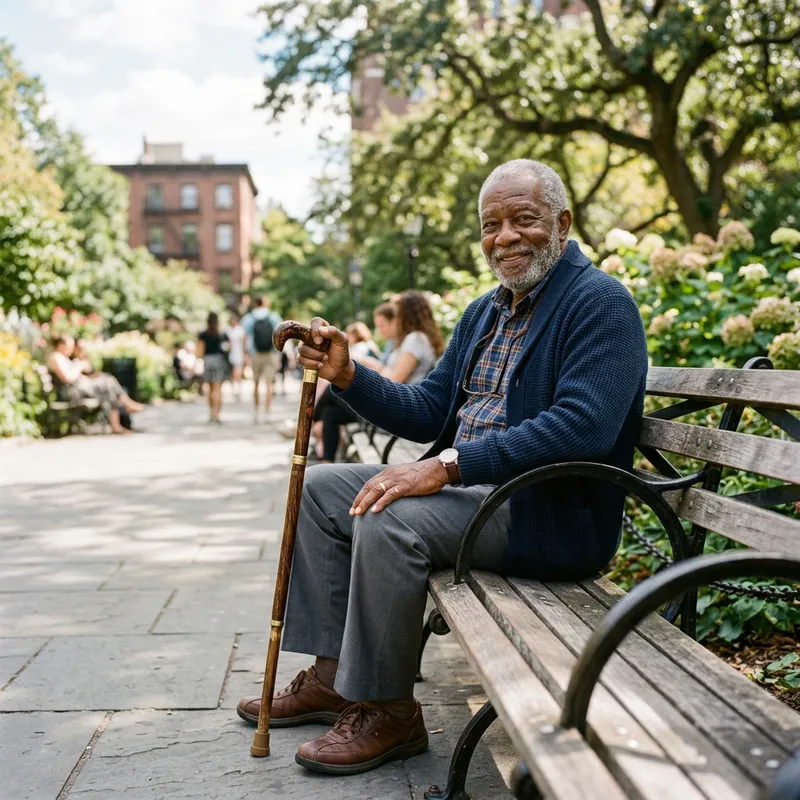 Elderly Black Man Sitting with Cane
