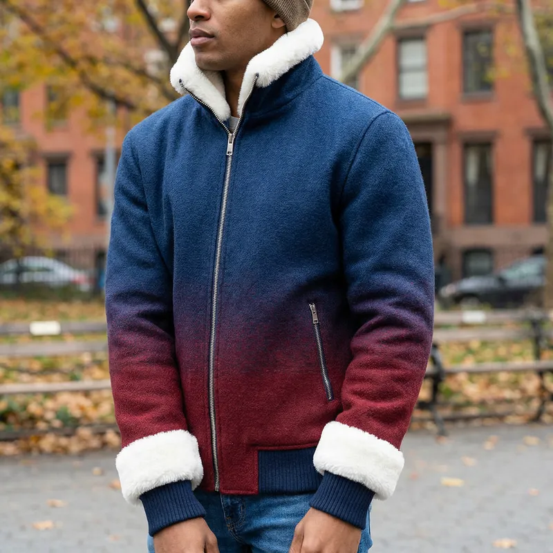 Trendy Jacket in Red, Blue & White | Fashionable Fur Details Trendy Jacket in Red, Blue & White | Fashionable Fur Details