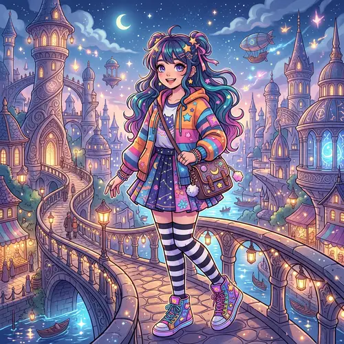 Anime-Style Teenager Girl Illustration in Magical Cityscape