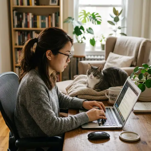 Asian Girl Working on Laptop with Gray and White Tabby Cat