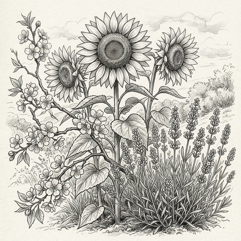 Monochromatic Sketch of Lavender, Cherry Blossoms & Sunflowers Monochromatic Sketch of Lavender, Cherry Blossoms & Sunflowers