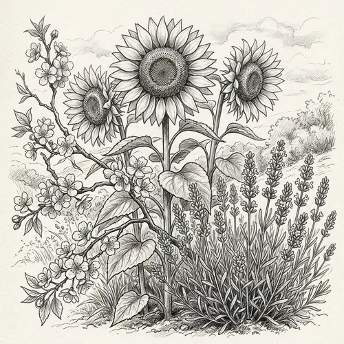 Black and White Lavender, Cherry Blossoms, and Sunflowers Sketch