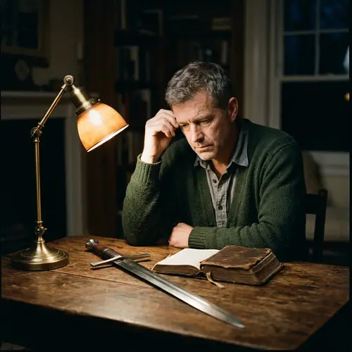Contemplative Man with Sword and Bible | Symbol of Strength and Faith
