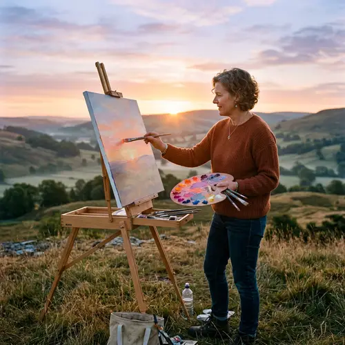 Capturing the Sunrise: A Woman Painting a Serene Landscape