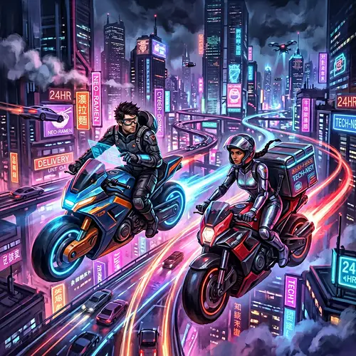 Futuristic Cyberpunk Motorbike Delivery in a Neon City
