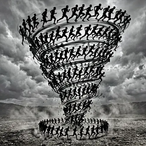 Dynamic Tornado of Running Silhouettes