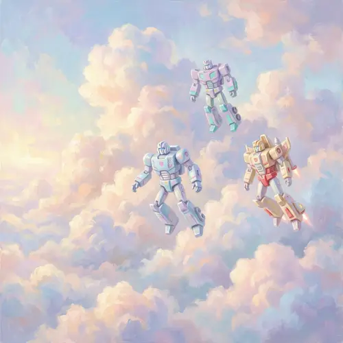 Surreal Pastel Cloud Painting with Transformer Toys