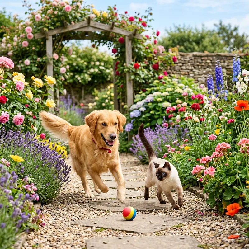 Heartwarming Dog and Cat Playing in a Picturesque Garden