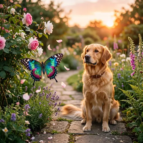 Enchanting Butterfly and Golden Retriever Scene