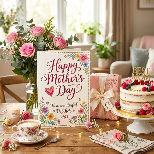 Happy Mother's Day Card with Pink Roses & Cake