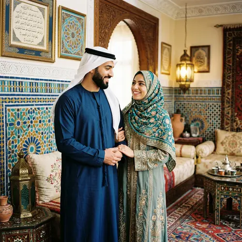 Middle-Eastern Muslim Couple in Traditional Clothing Sharing a Peaceful Moment
