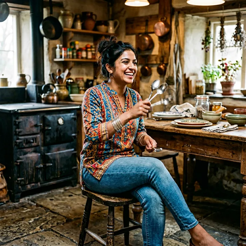 Mesmerizing South Asian Female Playing Spoons in Rustic Kitchen