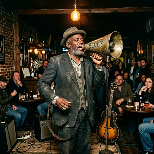 Passionate Blues Musician Singing Into Vintage Megaphone