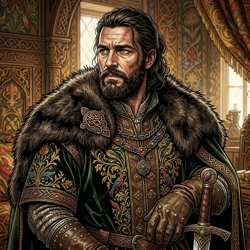 Detailed Illustration of Man in Period Clothing with Fur Component