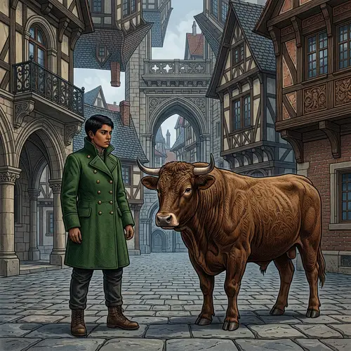 Bull and South-Asian Figure in Green Coat | Hyperrealist Art
