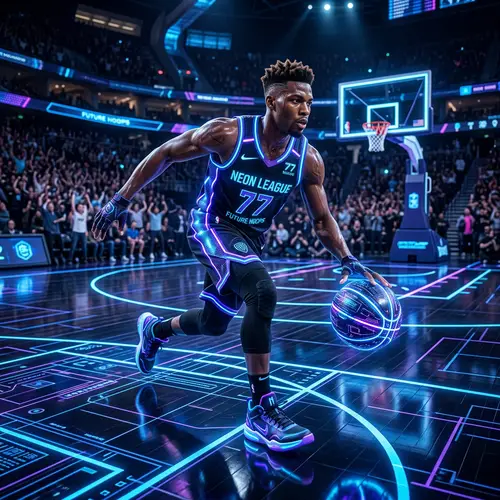 Futuristic Man Playing Basketball with Blue and Purple Lights