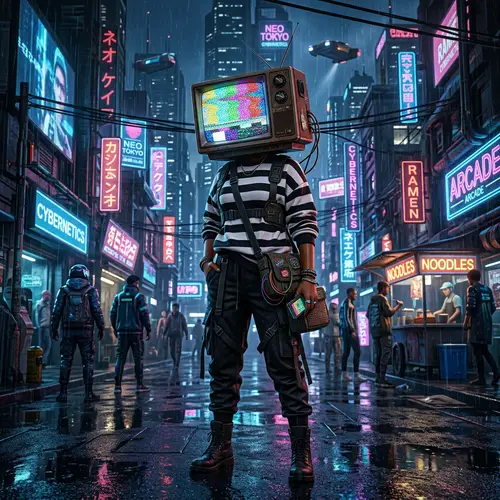 Surreal Cyberpunk Art: Female with TV Head Style