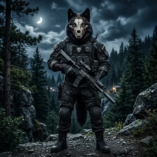 Dark Wolf with Skull Mask | Black Military Gear