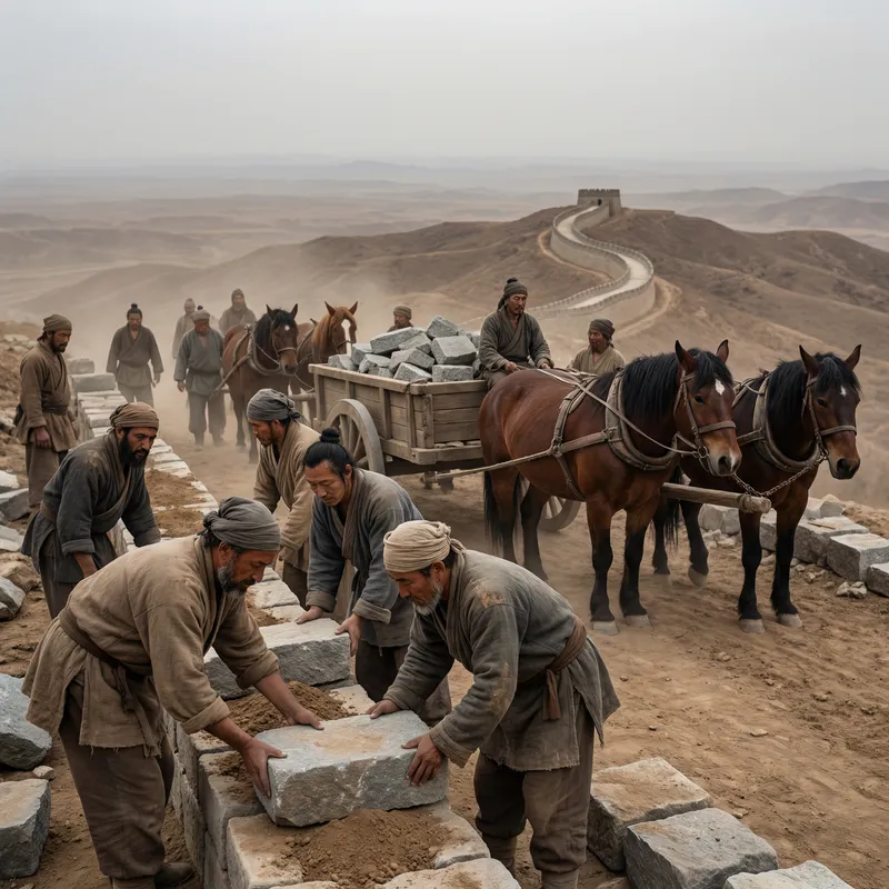 Building the Great Wall of China: Historical Construction Scene