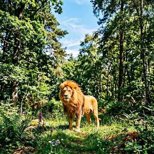 Majestic Lion in Forest: Golden Fur Beauty Under Blue Sky