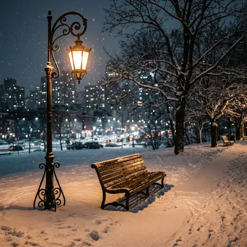 Tranquil Snowy Evening in City | Solitude Amidst Urban Landscape