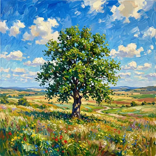 Impressionist Lonely Tree Painting - Serene Landscape Artwork