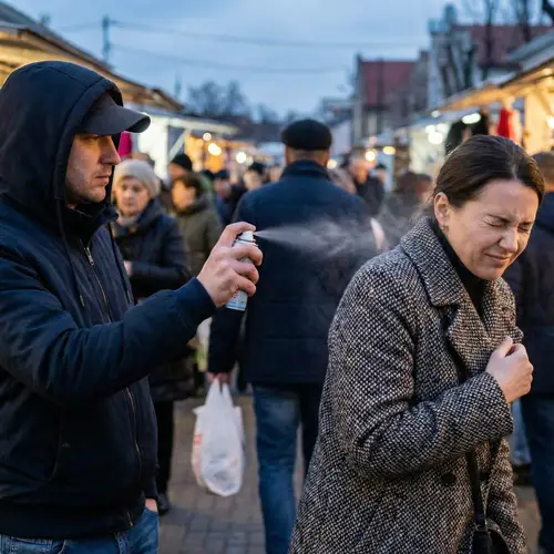 Female Robbed Spraying Perfume - Eyes Closed