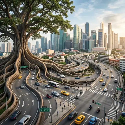 Surreal Transition: Tree Roots to City Roads