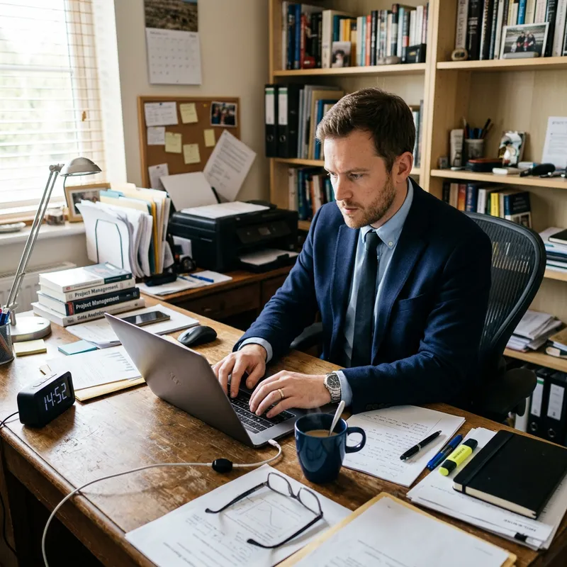 Professional Caucasian Male Engrossed at Cluttered Workspace with Clock Professional Caucasian Male Engrossed at Cluttered Workspace with Clock