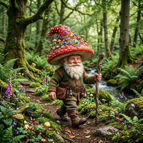 Gnome with Gem-Encrusted Mushroom Hat