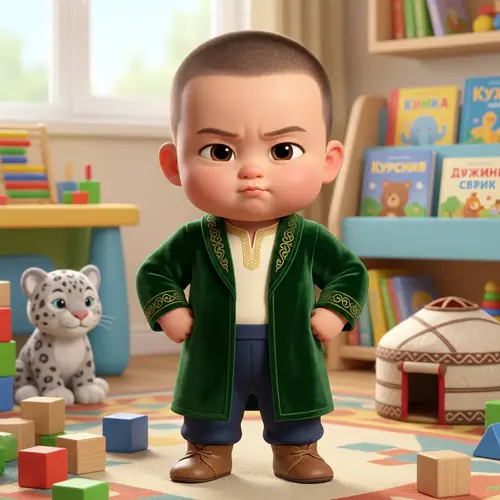 Kazakh Toddler Boy with Brown Hair - Cartoon Style