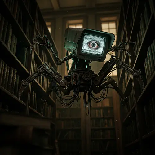 Creepy Mechanical Monster in Dark Library
