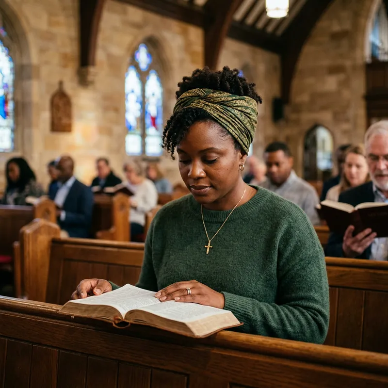 Black Woman Reading the Bible in Church