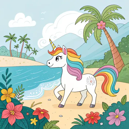 Young Unicorn Vacation Coloring Page