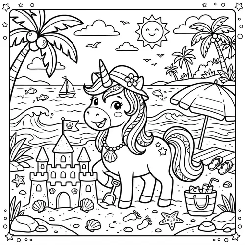 Young Unicorn Vacation Coloring Page