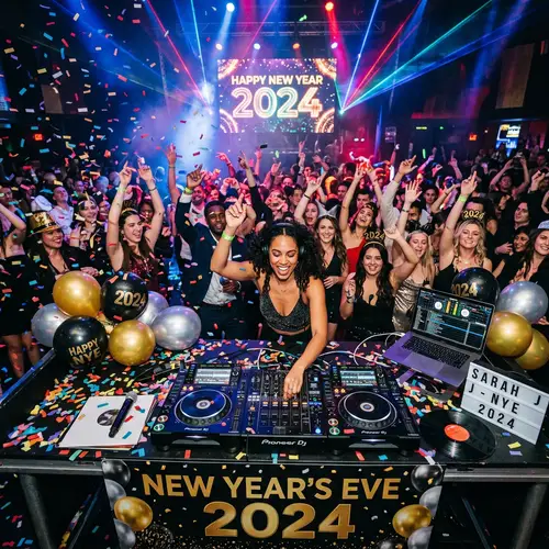 Festive New Year's Eve DJ Set with Colorful Lights and Energetic Crowd