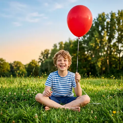 Radiant 10-Year-Old Boy Enjoying Outdoors with Red Balloon