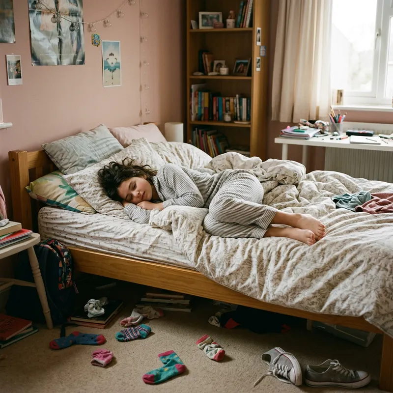 12-Year-Old Girl Sleeping Barefoot in Cozy Bed
