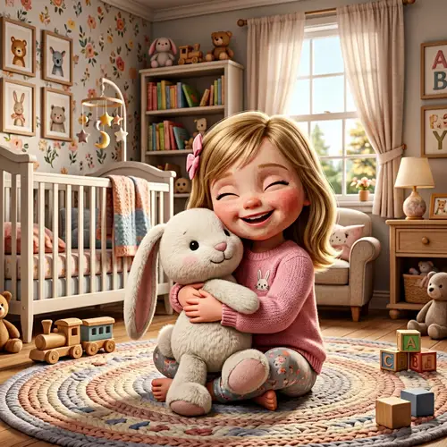 Adorable Girl Hugging Plush Bunny in Cartoon-like Nursery Room
