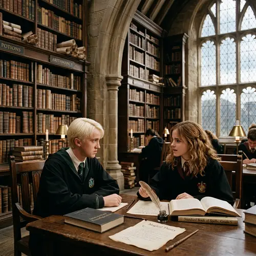 Draco Malfoy and Hermione Granger in Hogwarts Library