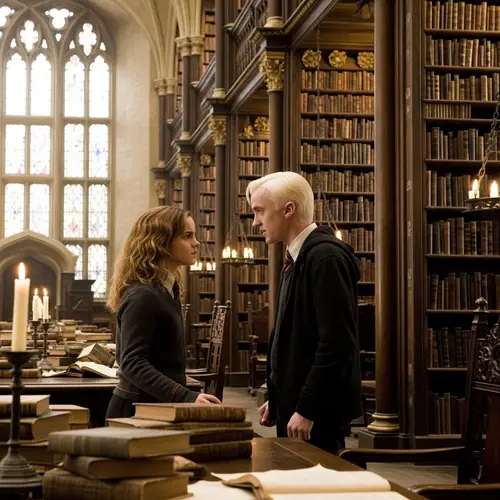 Draco Malfoy and Hermione Granger in Hogwarts Library