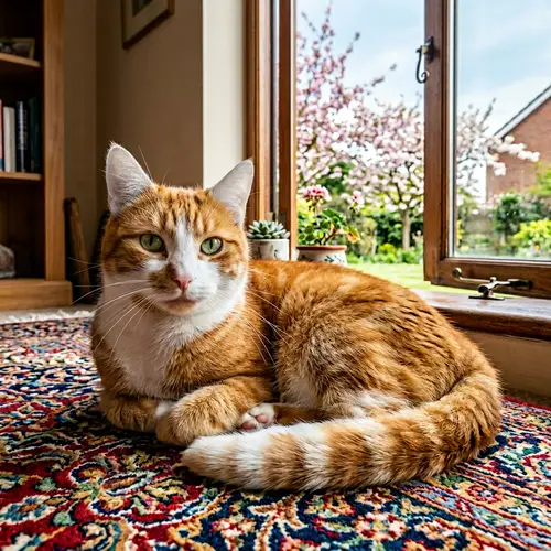Orange and White Domestic Cat on Colorful Rug | Relaxing Pose