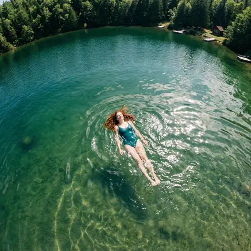 Aerial View of a Girl with Red-Brown Hair in Water