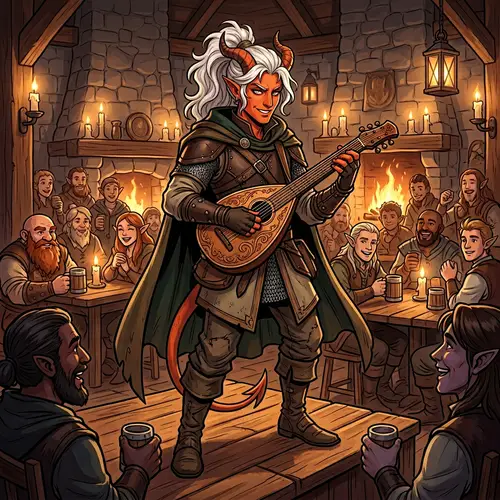 Fantasy Universe Tiefling Man Playing Lute in Dimly Lit Tavern