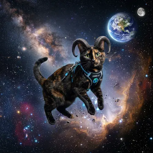 Horned Cat in Space - Unique Fantasy Art