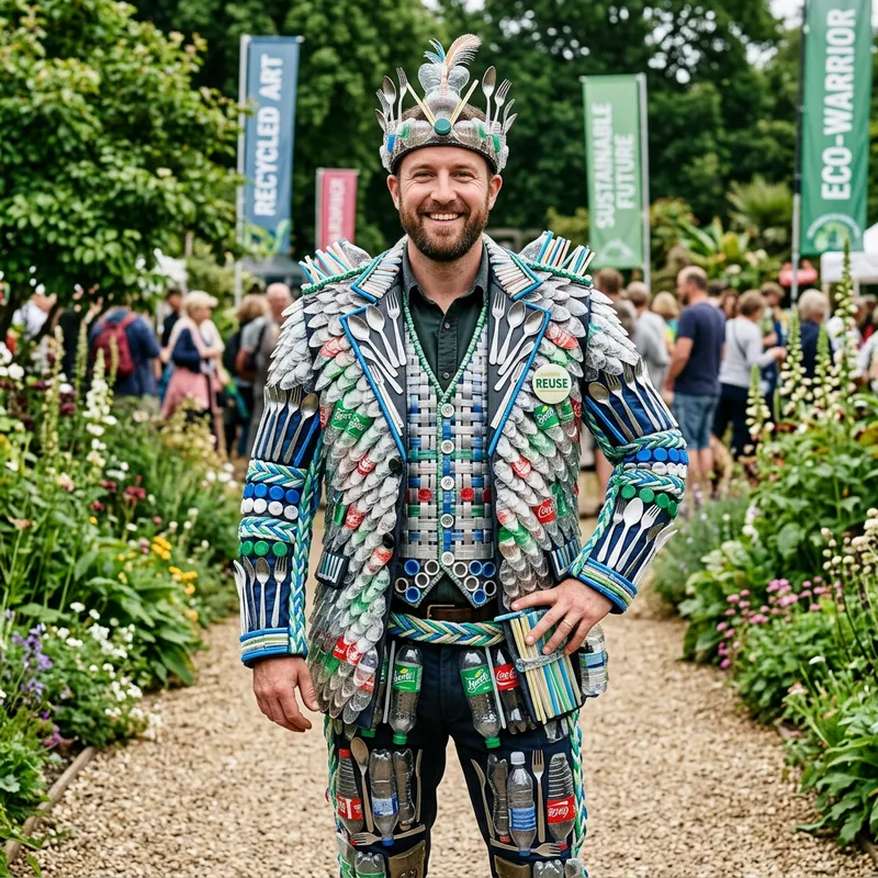 Eco-Friendly Man's Costume from Recycled Plastic & Cutlery Eco-Friendly Man's Costume from Recycled Plastic & Cutlery