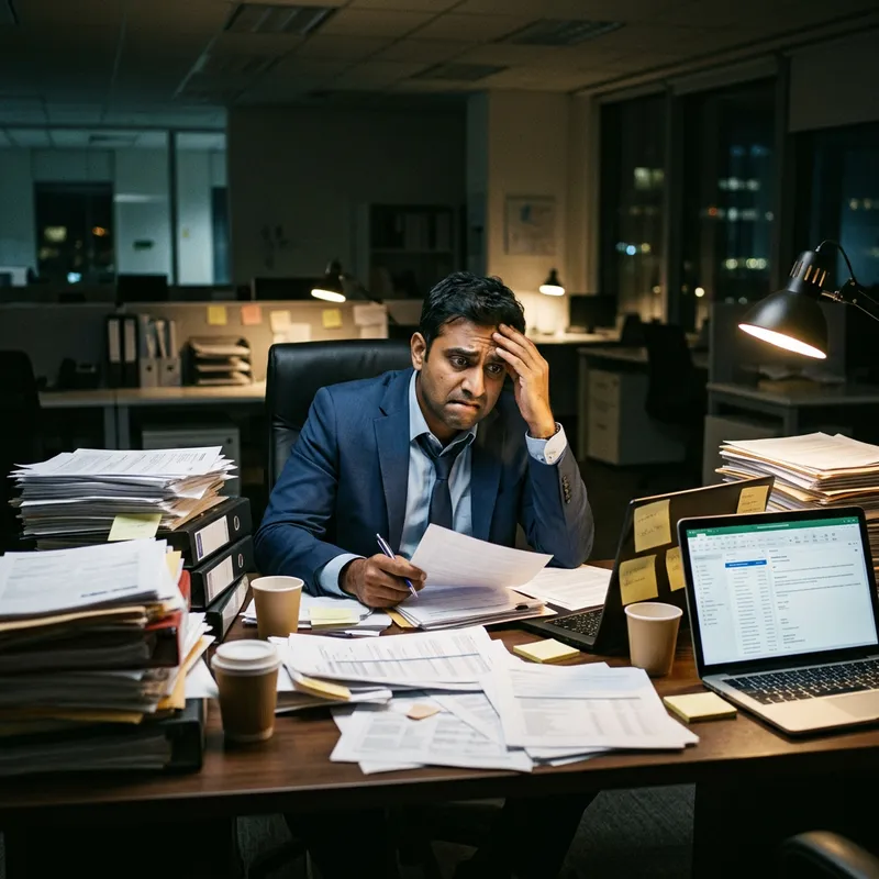 Scared South Asian Businessman Overloaded with Work - Job Insecurity