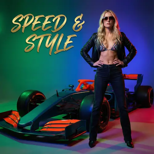 Blonde Woman in Leather Jacket and Bikini Top: High-Fashion Magazine Shoot